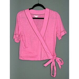 CASLON Women's Small V-Neck SS Embroidered Hem Wrap Top Pink